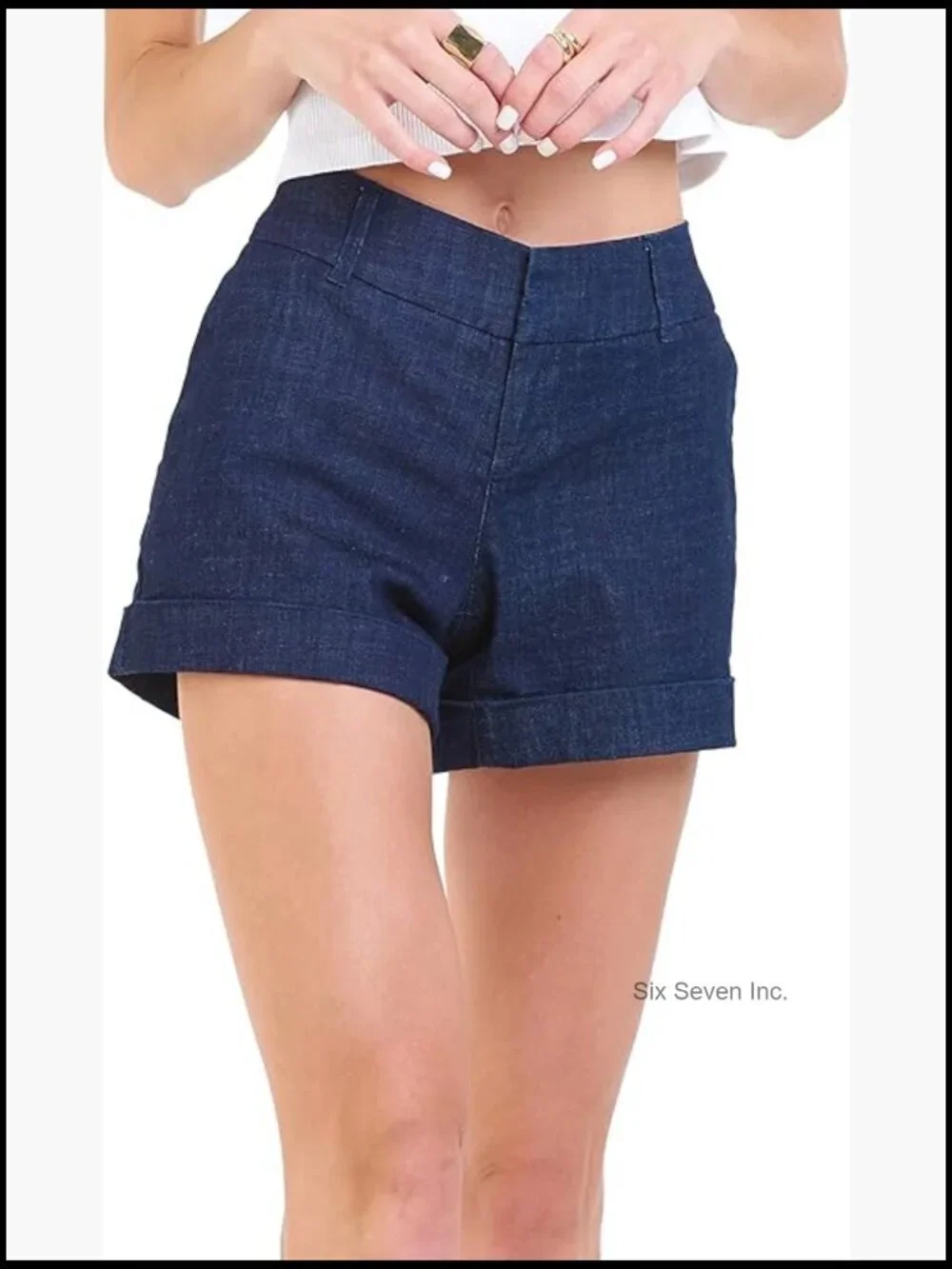 Low Rise Denim Shorts Tailored Trouser Fit Cuffed Hem Stretch